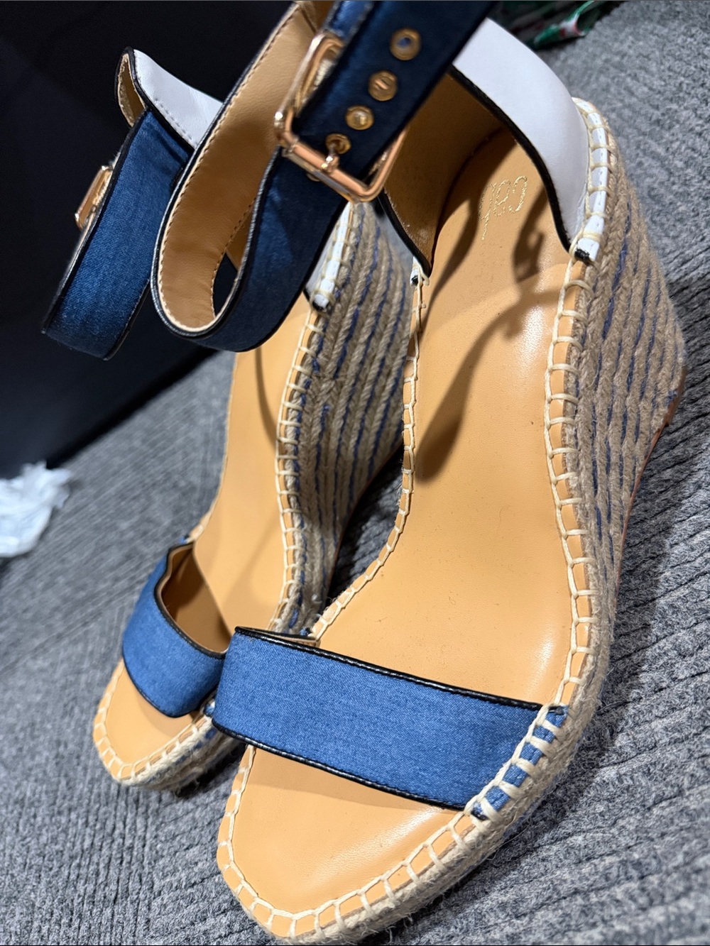 CAbi Blue and Tan Wedge Espadrilles